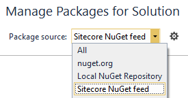 For Package Source select the newly created connection to the Sitecore NuGet Feed
